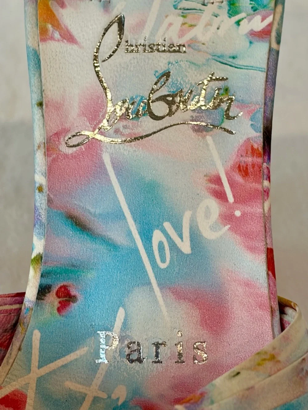 Christian Louboutin Satin Heeled Slides,“Nicol is back” print, multi, 36, EUC - Picture 5 of 15